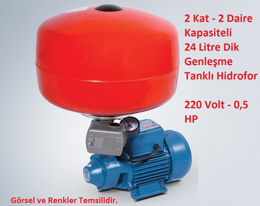 2 Kat - 2 Daire Kapasiteli 24 Litre Dikey Genleşme Tanklı Hidrofor 220 Volt 0,5 HP Preferikal Pompalı